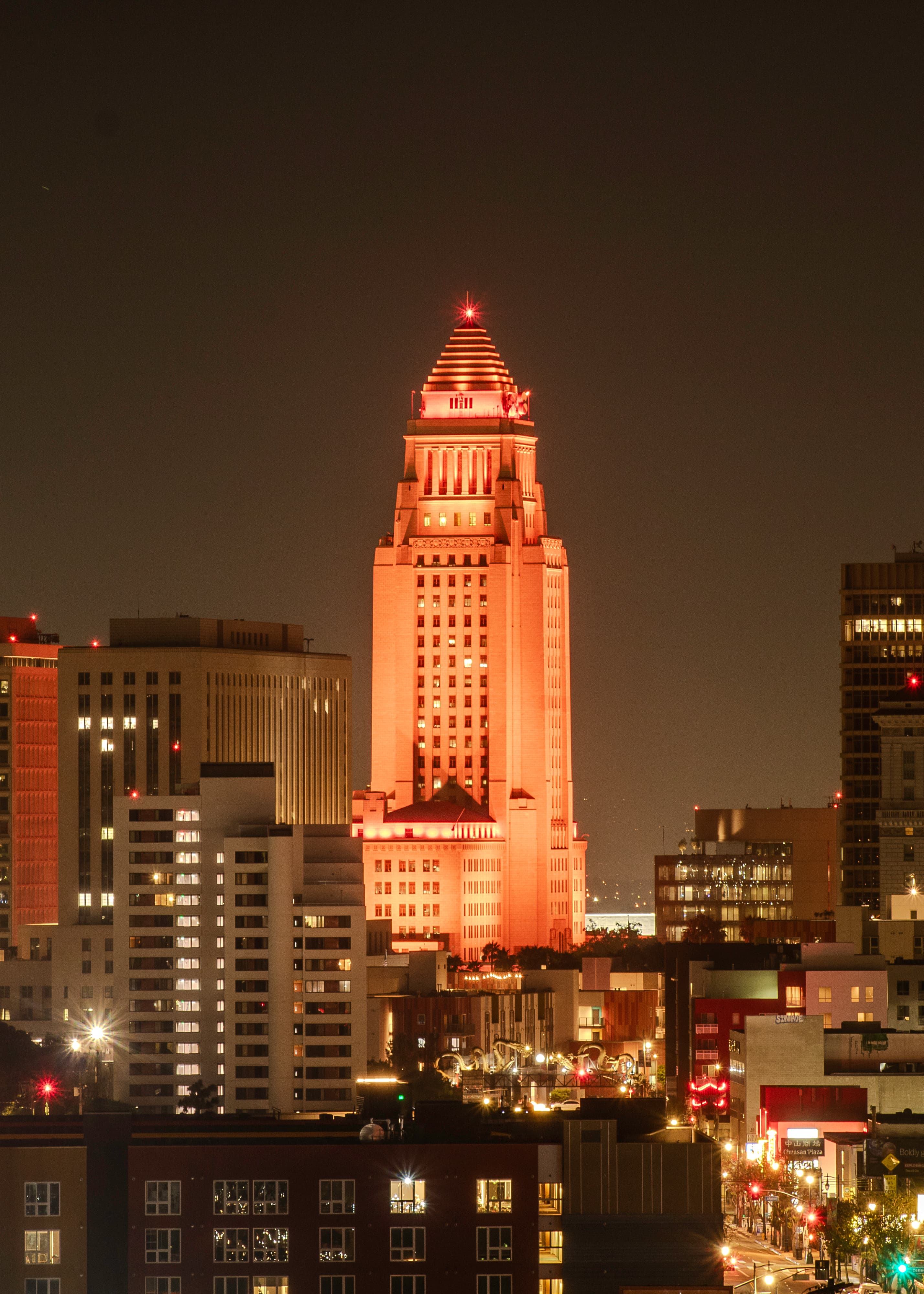 A view of Chinatown and City Hall in the background in Los Angeles, California.